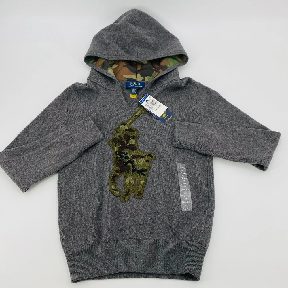 Polo Ralph Lauren Boys Medium(10-12) Gray Camo Big Pony Knit Hoodie Sweater NWT‎